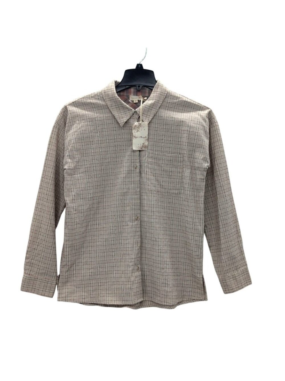 Plaid Button Up Shirt Cotton Linen Minimalist Coastal Cottage Long Sleeve Medium